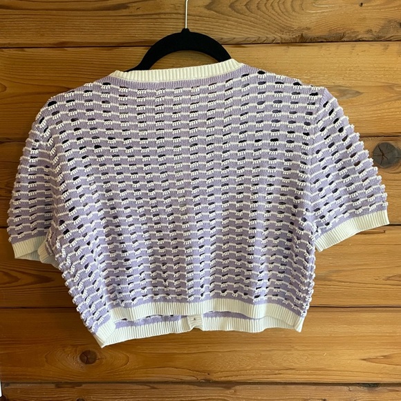 BCBGeneration purple and white button up knit crop short sleeve sweater XS - Picture 6 of 7